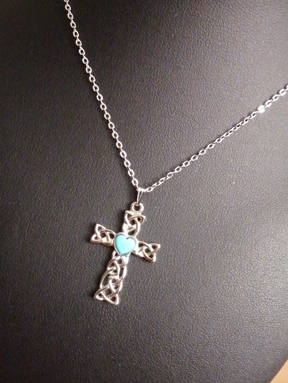 Viking Style Celtic Cross Necklace with Turquoise Heart Pendant On Chain.New
